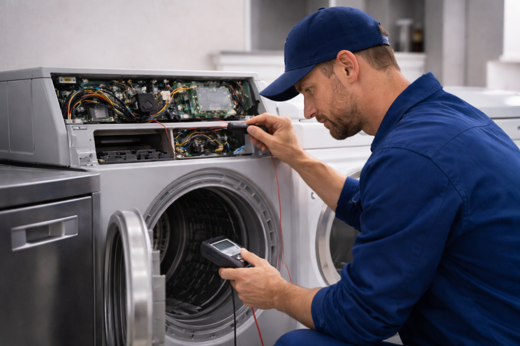 Technician1 Technician repairing a washing machine with the control panel removed