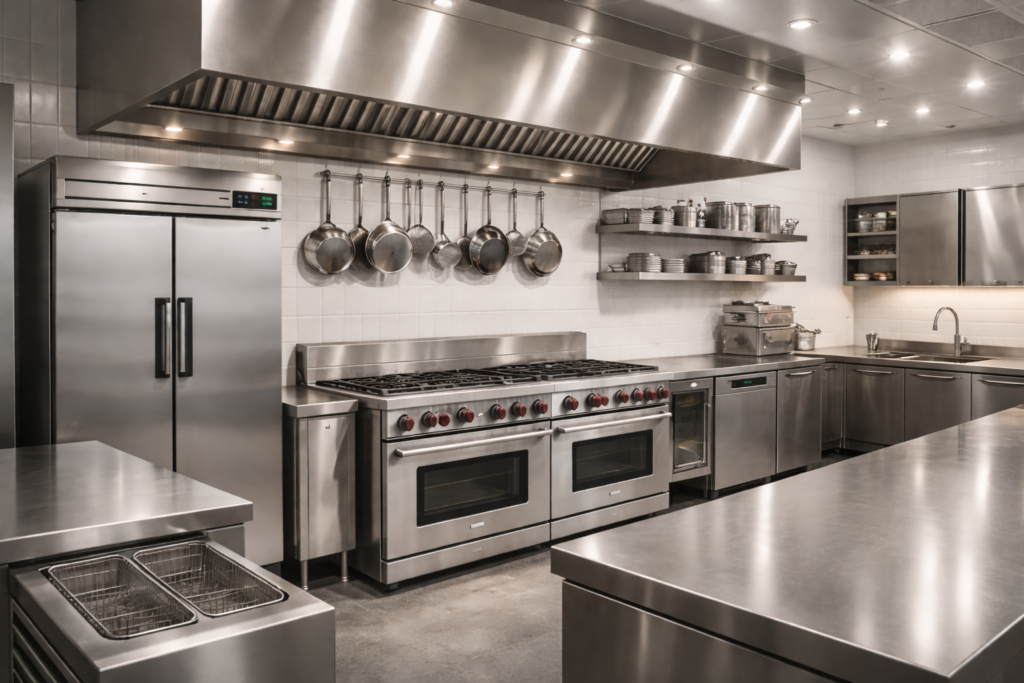 Modern commercial kitchen with professional commercial appliances.