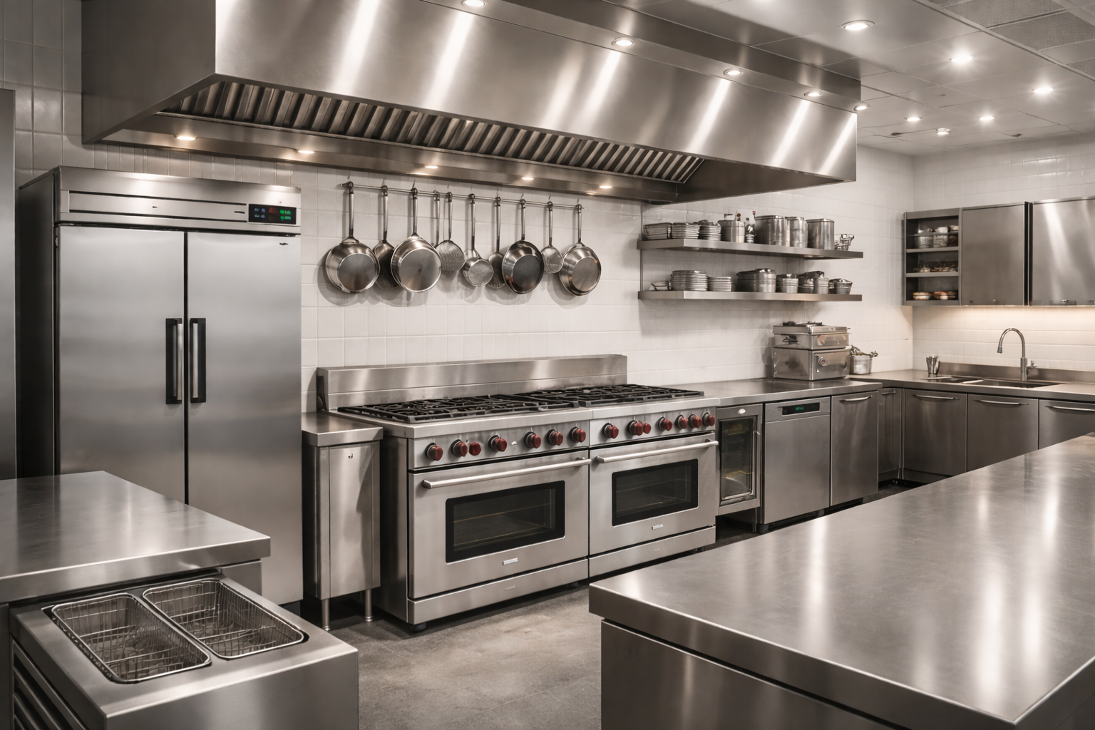 Modern commercial kitchen with professional commercial appliances.