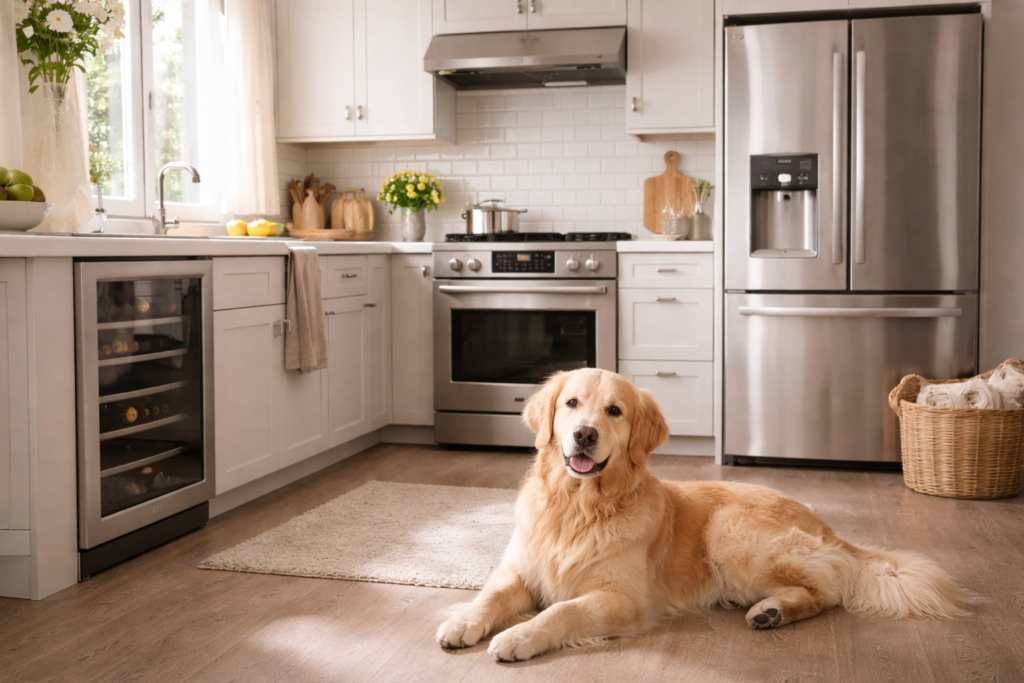 Professional appliance repair service in Dallas–Fort Worth, modern kitchen with refrigerator, oven and wine cooler