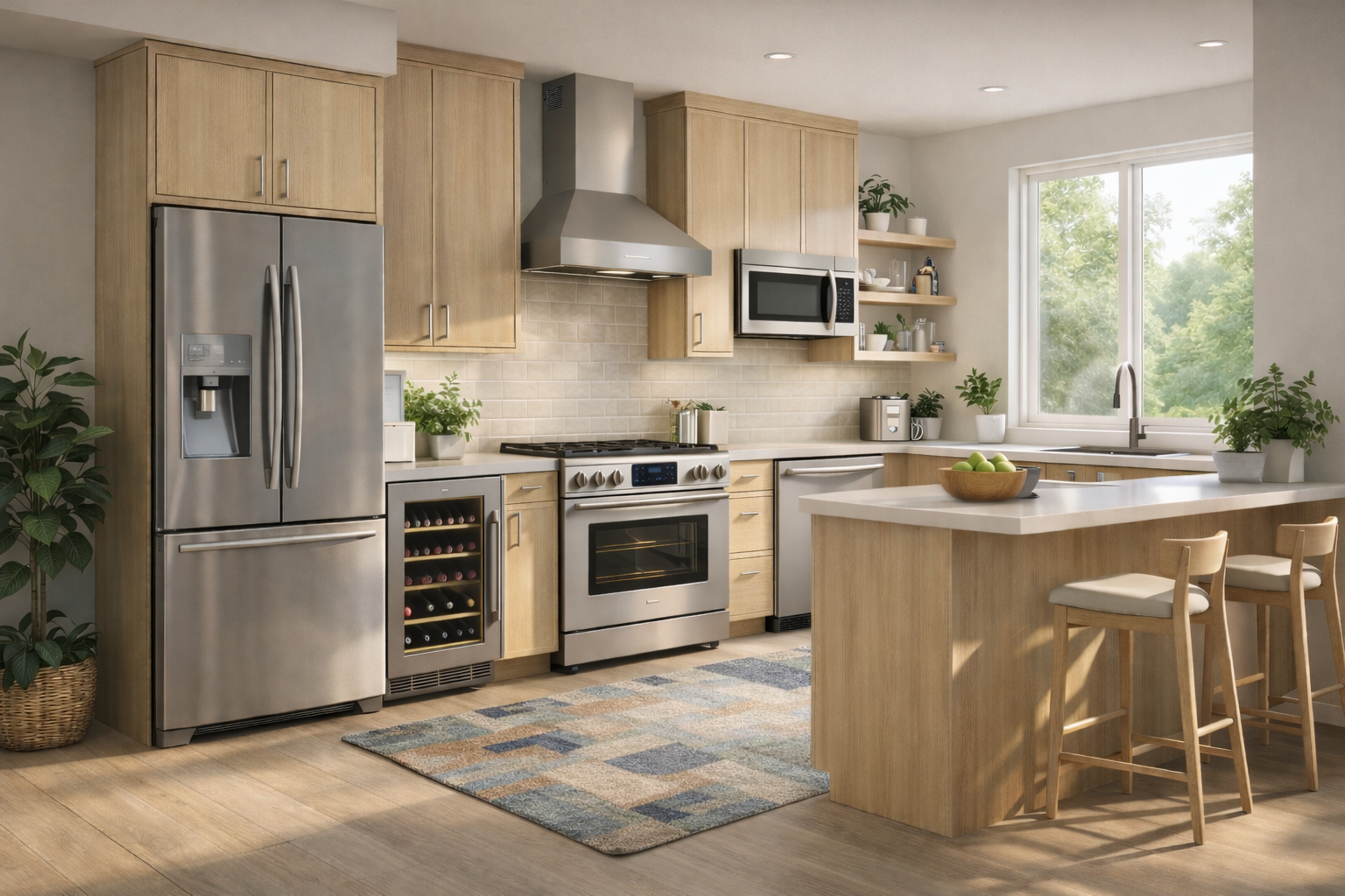 Professional appliance repair service in Dallas–Fort Worth, modern kitchen with refrigerator, oven, dishwasher, range, microwave and wine cooler